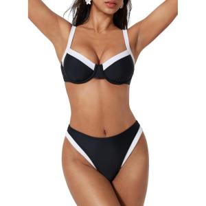 image:imageSUUKSESS Women Color Block Underwire Bikini Sets Cheeky High Cut 2 Piece SwimsuitBlack White
