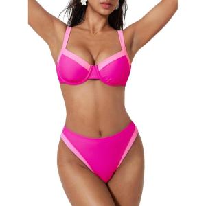 image:imageSUUKSESS Women Color Block Underwire Bikini Sets Cheeky High Cut 2 Piece SwimsuitPink Color Block