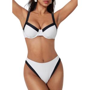 image:imageSUUKSESS Women Color Block Underwire Bikini Sets Cheeky High Cut 2 Piece SwimsuitWhite Black