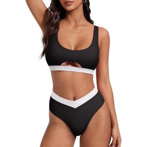 image:imageSUUKSESS Women Cutout Color Block Bikini Sets Sexy High Cut 2 Piece Bathing SuitBlack White