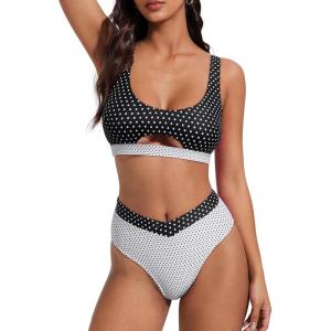 image:imageSUUKSESS Women Cutout Color Block Bikini Sets Sexy High Cut 2 Piece Bathing SuitBlack White Polka Dots