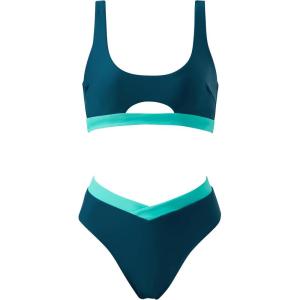 image:imageSUUKSESS Women Cutout Color Block Bikini Sets Sexy High Cut 2 Piece Bathing SuitGreen Blue