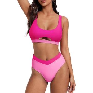 image:imageSUUKSESS Women Cutout Color Block Bikini Sets Sexy High Cut 2 Piece Bathing SuitPink Color Block