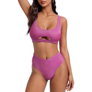 image:imageSUUKSESS Women Cutout Color Block Bikini Sets Sexy High Cut 2 Piece Bathing SuitShiny Pink