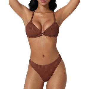 image:imageSUUKSESS Women High Waisted Triangle Bikini Sets Textured O Ring 2 Piece Swimsuit178 Dark Brown