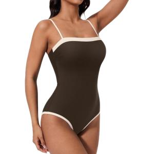 image:imageSUUKSESS Women One Piece Tummy Control Swimsuit Sexy Color Block Bathing SuitBrown