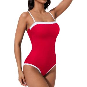 image:imageSUUKSESS Women One Piece Tummy Control Swimsuit Sexy Color Block Bathing SuitRed