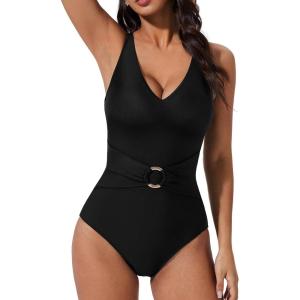 image:imageSUUKSESS Women Retro One Piece Swimsuit Metal Tummy Control V Neck Bathing Suit167 Black