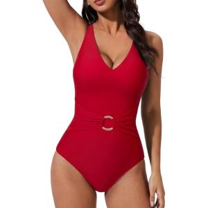 image:imageSUUKSESS Women Retro One Piece Swimsuit Metal Tummy Control V Neck Bathing Suit167 Red