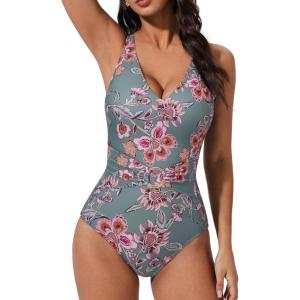 image:imageSUUKSESS Women Retro One Piece Swimsuit Metal Tummy Control V Neck Bathing Suit167 Retro Floral Green Blue