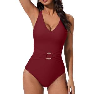 image:imageSUUKSESS Women Retro One Piece Swimsuit Metal Tummy Control V Neck Bathing Suit167 Wine Red
