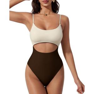 image:imageSUUKSESS Women Sexy Cut Out One Piece Swimsuit Tummy Control High Cut Bathing Suit182 Beige Brown