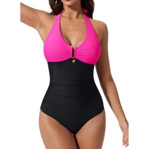 image:imageSUUKSESS Women Sexy Tummy Control One Piece Swimsuits Halter UWire Bathing SuitHot Pink Black
