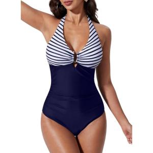 image:imageSUUKSESS Women Sexy Tummy Control One Piece Swimsuits Halter UWire Bathing SuitWhite Blue Striped