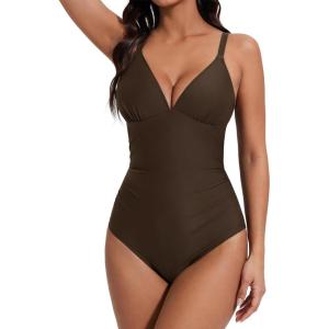 image:imageSUUKSESS Women Tummy Control One Piece Swimsuit Sexy V Neck Push Up Bathing SuitBrown