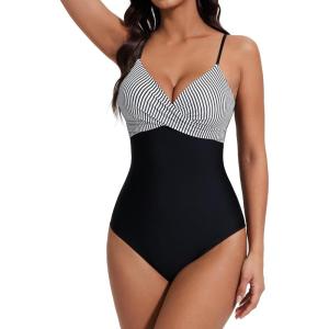 image:imageSUUKSESS Women Tummy Control One Piece Swimsuits V Neck Front Cross Bathing SuitBlack Stripe