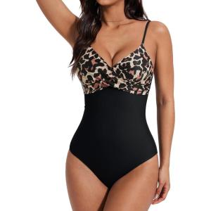 image:imageSUUKSESS Women Tummy Control One Piece Swimsuits V Neck Front Cross Bathing SuitLeopard Print Black