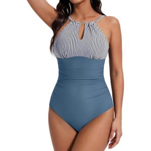 image:imageSUUKSESS Womens One Piece Swimsuits High Neck Tummy Control Retro Bathing SuitBlue Striped