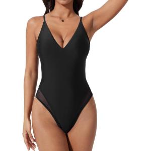 image:imageSUUKSESS Womens Tummy Control Bathing Suit V Neck Open Back One Piece Swimsuits199black Mesh