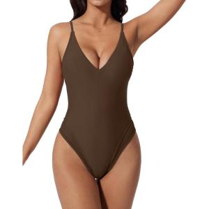 image:imageSUUKSESS Womens Tummy Control Bathing Suit V Neck Open Back One Piece Swimsuits199brown Mesh