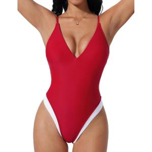 image:imageSUUKSESS Womens Tummy Control Bathing Suit V Neck Open Back One Piece SwimsuitsRed