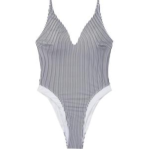 image:imageSUUKSESS Womens Tummy Control Bathing Suit V Neck Open Back One Piece SwimsuitsWhite Black Striped