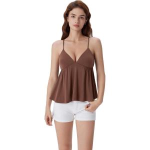 image:imageSUUKSESS Women V Neck Babydoll Tank Tops with Built in Bra Summer Cute Peplum Cami Going Out TopsBrown