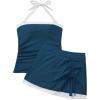 image:imageSUUKSESS Women Tummy Control Tankini Swimsuits with Skirt Backless Bathing SuitPeacock Blue White