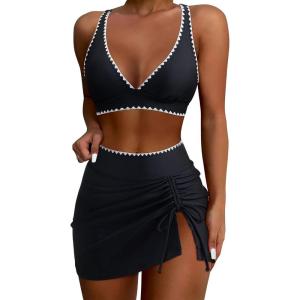 image:imageSUUKSESS Women High Waisted Bikini Sets with Skirt Sexy Crisscross Back SwimsuitBlack