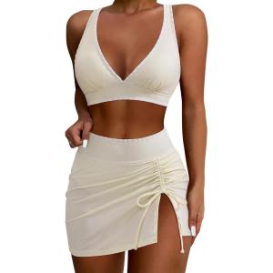 image:imageSUUKSESS Women High Waisted Bikini Sets with Skirt Sexy Crisscross Back SwimsuitWhite