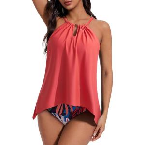 image:imageSUUKSESS Women Ruffle High Neck Tankini Swimsuit Flowy Tummy Control Bathing SuitCoralpinkleaf