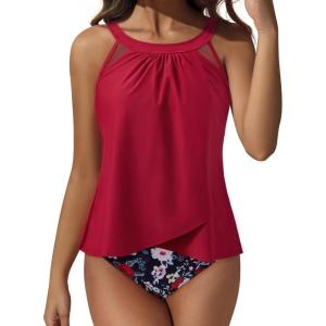 image:imageSUUKSESS Women Tummy Control Tankini Bathing Suit Ruffle High Waisted Swimsuit60 Red Floral