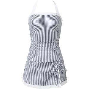image:imageSUUKSESS Women Tummy Control Tankini Swimsuits with Skirt Backless Bathing SuitNavy Blue Striped