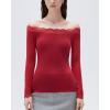 image:imageSUUKSESS Cloud Cashmere Women Lace Off Shoulder Long Sleeve Shirt Basic Knit TopRed