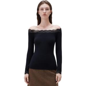 image:imageSUUKSESS Cloud Cashmere Women Lace Off Shoulder Long Sleeve Shirt Basic Knit TopBlack