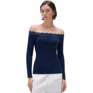 image:imageSUUKSESS Cloud Cashmere Women Lace Off Shoulder Long Sleeve Shirt Basic Knit TopNavy Blue