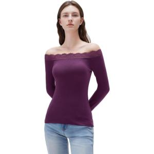 image:imageSUUKSESS Cloud Cashmere Women Lace Off Shoulder Long Sleeve Shirt Basic Knit TopPlum