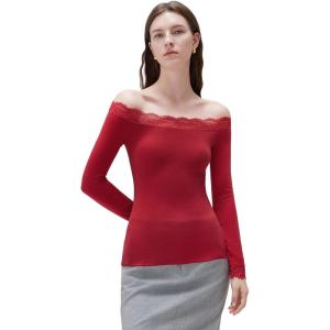 image:imageSUUKSESS Cloud Cashmere Women Lace Off Shoulder Long Sleeve Shirt Basic Knit TopRed