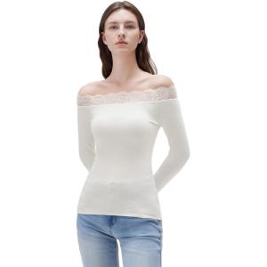 image:imageSUUKSESS Cloud Cashmere Women Lace Off Shoulder Long Sleeve Shirt Basic Knit TopWhite