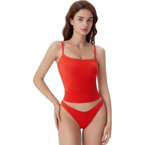 image:imageSUUKSESS Women Square Neck Tank Tops with Built in Bras Double Line Going Out Basic Camisole TopRed