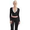 image:imageSUUKSESS Women Pilates Wrap Workout Cropped Top Ribbed Long Sleeve V Neck Tie Front Ballet Yoga Shrug BlouseBlack