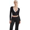 image:imageSUUKSESS Women Pilates Wrap Workout Cropped Top Ribbed Long Sleeve V Neck Tie Front Ballet Yoga Shrug BlouseBlack