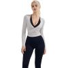 image:imageSUUKSESS Women Pilates Wrap Workout Cropped Top Ribbed Long Sleeve V Neck Tie Front Ballet Yoga Shrug BlouseGray