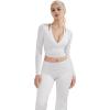 image:imageSUUKSESS Women Pilates Wrap Workout Cropped Top Ribbed Long Sleeve V Neck Tie Front Ballet Yoga Shrug BlouseWhite