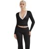image:imageSUUKSESS Women Pilates Wrap Workout Cropped Top Ribbed Long Sleeve V Neck Tie Front Ballet Yoga Shrug BlouseBlack