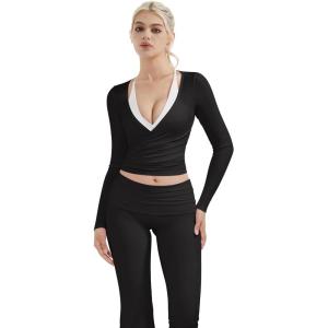image:imageSUUKSESS Women Pilates Wrap Workout Cropped Top Ribbed Long Sleeve V Neck Tie Front Ballet Yoga Shrug BlouseBlack