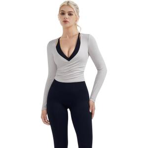 image:imageSUUKSESS Women Pilates Wrap Workout Cropped Top Ribbed Long Sleeve V Neck Tie Front Ballet Yoga Shrug BlouseGray
