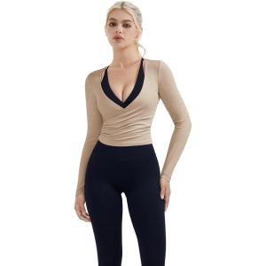 image:imageSUUKSESS Women Pilates Wrap Workout Cropped Top Ribbed Long Sleeve V Neck Tie Front Ballet Yoga Shrug BlouseKhaki