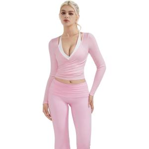 image:imageSUUKSESS Women Pilates Wrap Workout Cropped Top Ribbed Long Sleeve V Neck Tie Front Ballet Yoga Shrug BlousePink