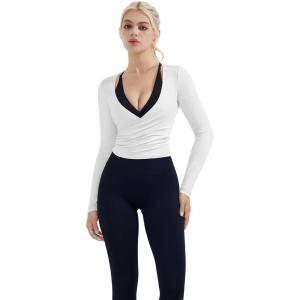 image:imageSUUKSESS Women Pilates Wrap Workout Cropped Top Ribbed Long Sleeve V Neck Tie Front Ballet Yoga Shrug BlouseWhite